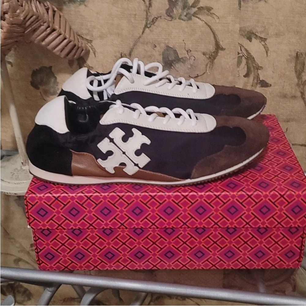 Tory Burch Destiny Trainer Nylon Leather Brown Black & White Sneaker, New - Picture 5 of 5
